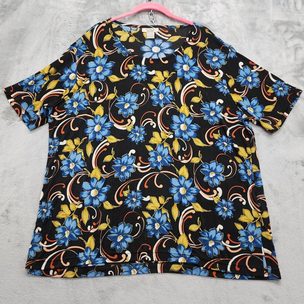 Vintage 90s Voir Top Womens 3X Black Blue Gold Metallic Floral Stretch Tunic Tee